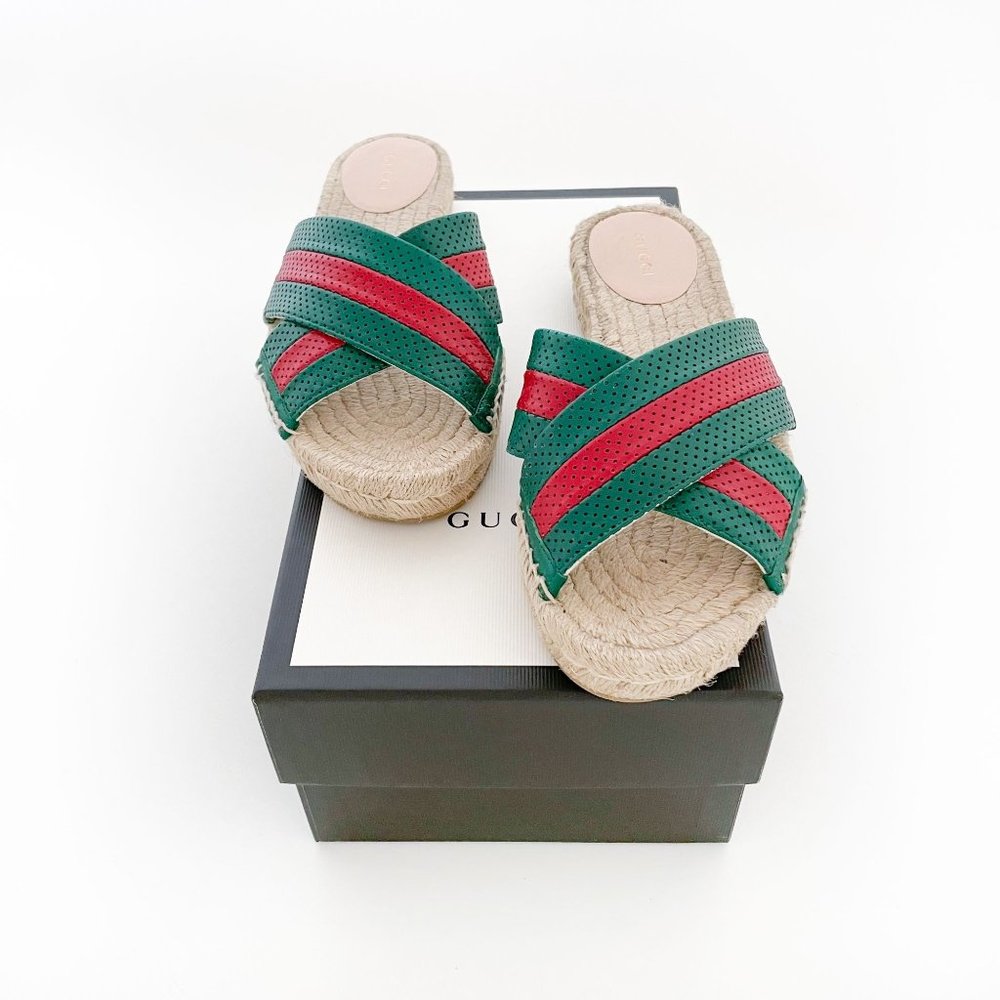 Gucci Criss Cross Web Stripe Espadrille Sandals EU 38.5 US 8.5 Green Flat Slide